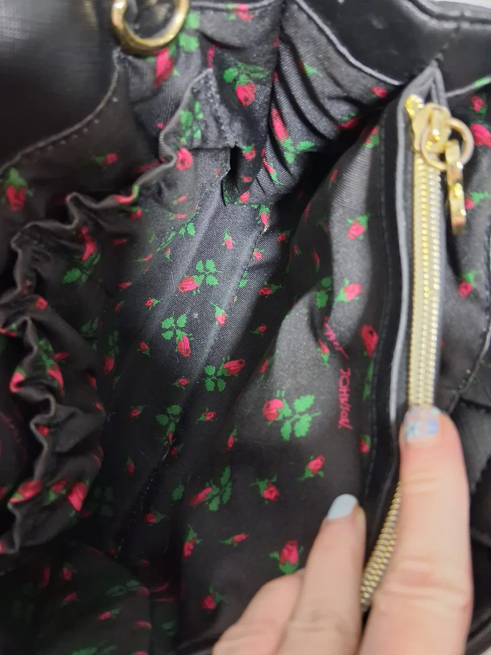 Betsey Johnson Black Scalloped Satchel with Gold Heart Charm